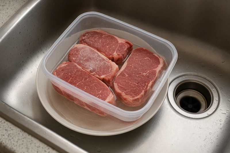 carne descongelándose en agua fría para mayor seguridad