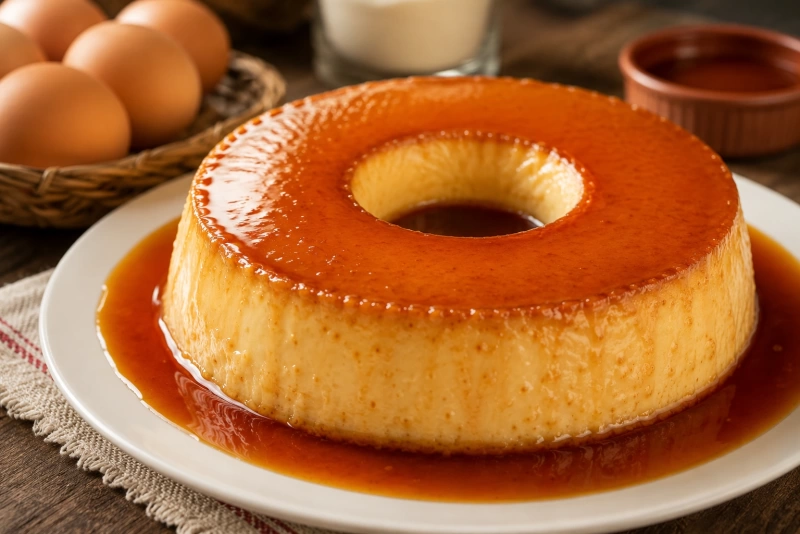 Flan dorado en plato blanco con caramelo